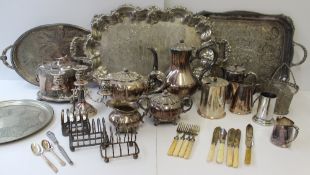 An electroplated four piece teaset together with trays, candelabra, toast racks etc