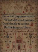 A mid 19th century sampler with a church to the base, trees and flowers, by Elizabeth Gardner,