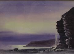 David Bellamy Afterglow, Trwyn-y-witch, Glamorgan Coast Watercolour Signed and label verso 23.5 x