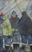 David Hughes Fisherman Watercolour Signed and label verso 17 x 10.5cm