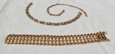 An 18ct yellow gold bracelet with textured links together with two other 18ct yellow and white