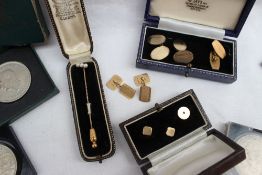 A pair of 9ct yellow gold cufflinks, together with other cufflinks, a pearl set stick pin, shirt