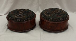 A pair of Victorian walnut beadwork decorated spittoon holders/ foot stool, of circular form on