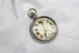 An open faced keyless wound pocket watch, the white dial with Arabic numerals and a seconds
