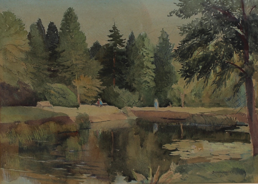 Arthur Miles Figures by a lake Watercolour Signed and dated `54 32 x 44cm