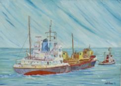 Jeff Paine A ship being tugged into a harbour Watercolour and acrylics Signed and dated `93 27.5 x