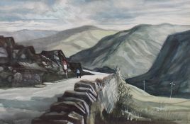 Elwyn Thomas  Rhigos mountain road Watercolour Signed and dated 1990 34.5 x 52.5cm