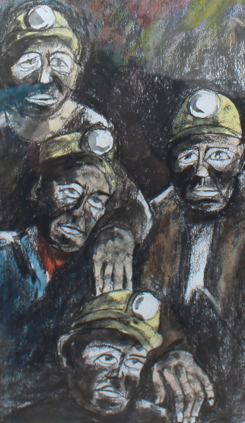 David Hughes Four Miners Charcoal and wash Signed and label verso 50 x 29cm