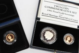 A United Kingdom two-coin commemorative set including a 1981 Proof gold sovereign and a Royal