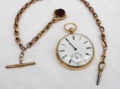 An 18ct yellow gold open faced pocket watch, the enamel dial with Roman numerals and a seconds