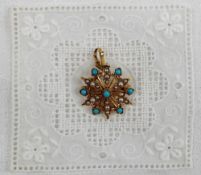A seed pearl and turquoise brooch of star shape set with seven turquoise and nineteen pearls to a