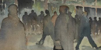 David Hughes Night shopping Watercolour Signed and label verso 9.5 x 19cm