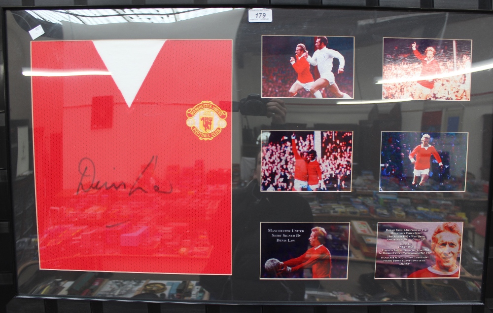 Denis Law - A Manchester United replica shirt, signed, framed and glazed with a montage of