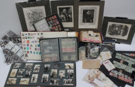 A collection of world stamps, loose and contained in albums, together with cigarette cards, coins