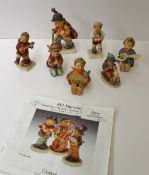 Seven Goebel figures by M.J Hummel including Lets Sing, Singing Lesson, Happiness, Little Cellist,