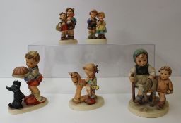 Five Goebel figures by M.J Hummel including Begging His Share, Prayer Before Battle, We