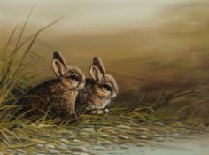 Mike Nance Baby rabbits in a grassy landscape Oil on board Signed 29 x 39cm