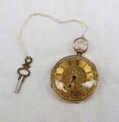 An 18ct yellow gold open faced pocket watch the gilt dial with floral centre and Roman numerals, the