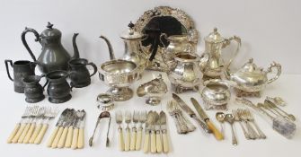 An electroplated part tea set together with an electroplated dish, flatwares, pewter tankards etc