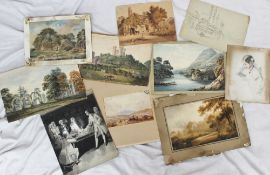 A collection of nine 19th century unframed landscape scenes, in watercolours together with a print