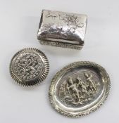 A white metal jewellery box decorated with chrysanthemums and birds, marked silver, together with an