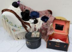 A silk Welsh hat of usual form together with shawls and other linen and hats contained within cases