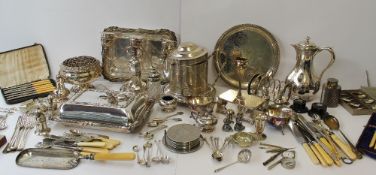 Electroplated entree dishes together with assorted electroplated items including flatware, cruets,