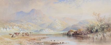 Cornelius Pearson Cattle watering Moelwyn, North Wales Watercolour Signed and dated 1861 21 x 50.