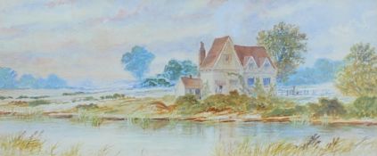 William Foster A cottage with a pond in the foreground Watercolour Signed and dated 1885 19 x 44cm