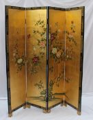 A Japanese lacquer four fold screen decorated with birds and flower heads to a gilt ground, 184cm