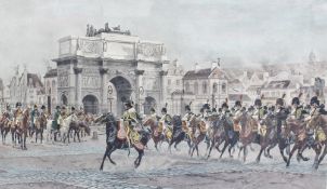After Francois Flameng French Armies in front of the Arc de triomph A hand colour print Signed in