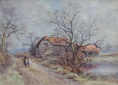 In the style of William Manners A farmstead on a pond with figures in the foreground Watercolour