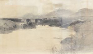 Carleton Grant Cattle and drover crossing a bridge, North Wales Charcoal drawing Signed and dated