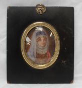 A portrait miniature of a maiden in a lace headress, the sitter is believed to be Lady Lucy