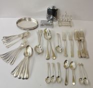 Assorted electroplated flatwares together with a toast rack, hip flask etc