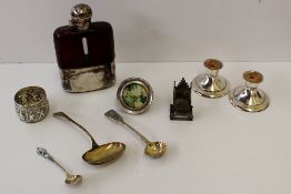 An Edward VII silver, glass and leather hip flask, Sheffield, 1907 together with a pair of silver