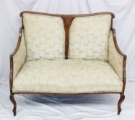 An Edwardian two seater settee with boxwood stringing and swags with pad upholstered back and seat