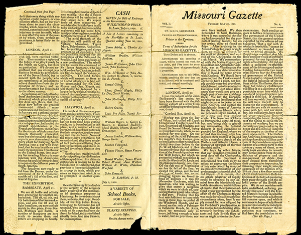 Missouri Gazette, Tuesday, July 26, 1808, St. Louis, Louisiana, Volume 1, No.3. Meriwether Lewis,