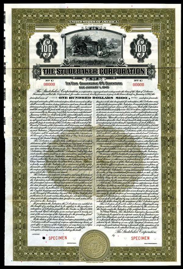 Studebaker Corp., 1935 Specimen 6% Bond. $100, Specimen 6% coupon Bond. Old Studebaker Shop, VF-XF,