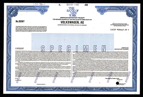 Volkswagen AG. Specimen ADR. Germany. ND (ca.1960-70`s). ADR Shares,  Includes Bank of New York as