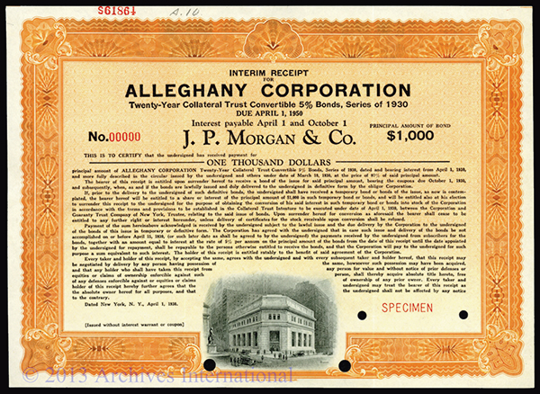 Alleghany Corp. - J. P. Morgan & Co. 1930 Specimen Interim Receipt. 1930. Specimen Interim Receipt