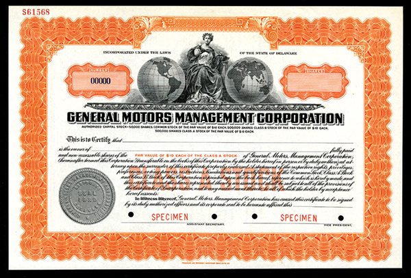 General Motors Management Corp., 1930 Specimen Stock Certificate. Odd Shares, Specimen, Black on