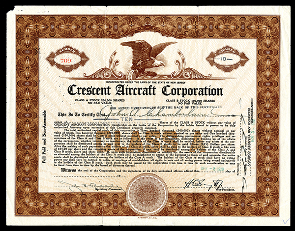 Cresent Aircraft Corporation New Jersey. 1929. 10 Shares, #709, Brown and Black, Eagle Vignette,