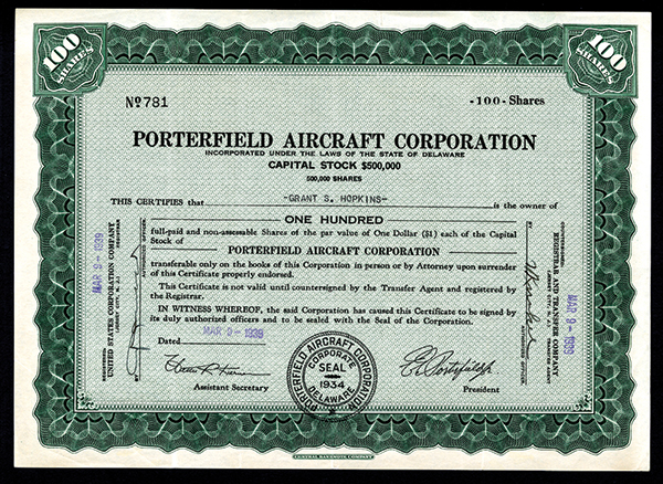 Porterfield Aircraft Corporation Delaware, 1939, Horizontal 100 Shares, #781, Issued and