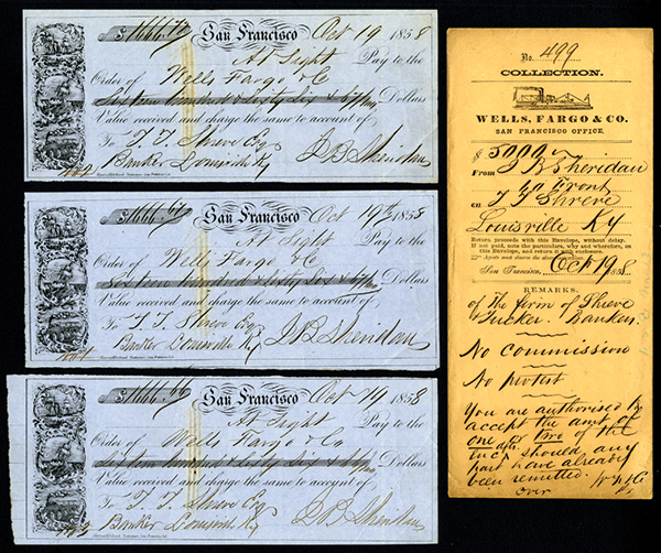 Wells, Fargo & Co. 1858 Trio of Checks with Wells Fargo Collection Envelope & Instructions. San