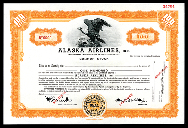 Alaska Airlines, Inc. Specimen Stock Certificate. Alaska. 1937, 100 Shares, Specimen stock