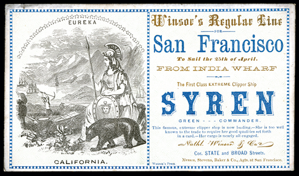 Winslow`s Regular Line for San Francisco, ""Syren"", ca. 1850-60`s Clipper Ship Card. NY. CA. 5.5 x