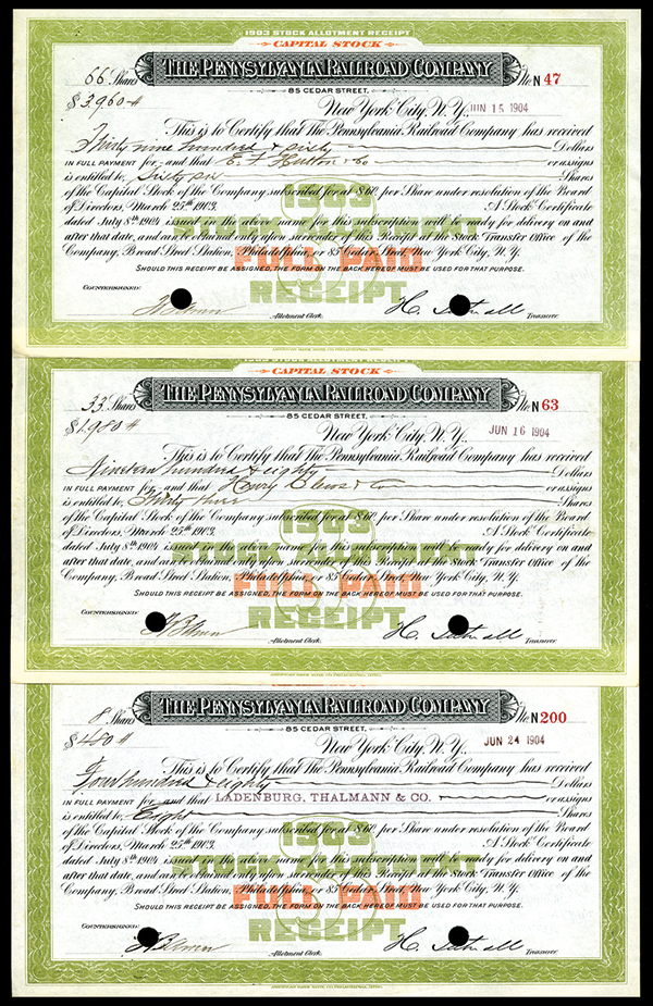 Pennsylvania Railroad Company, Stock Allotment Receipts, One signed by Henry Clews.   New York, ca.