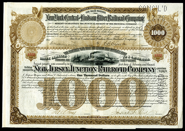 J.P. Morgan Signature as Trustee on New Jersey Junction Railroad Co., Issued Bond. New Jersey,