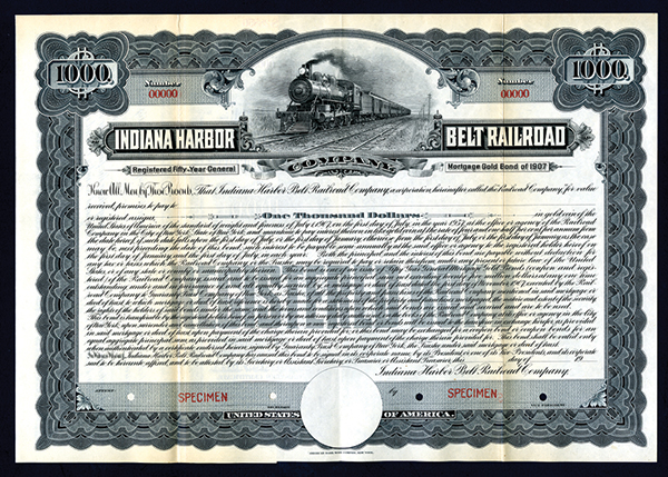 Indiana Harbor Belt Railroad Co., 1907, $1000 Specimen Registered Bond.  Indiana. 1907, $1000,